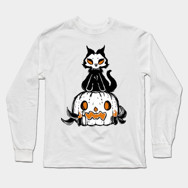 Scared pumpkin and spooky cat halloween 2022 decoration ink drawing Long Sleeve T-Shirt by astronauticarte